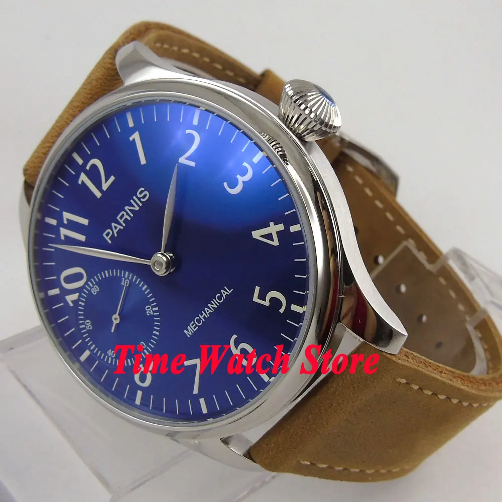

44mm Parnis Royal blue dial luminous 17 jewels mechanical 6497 hand winding movement mens watch 800