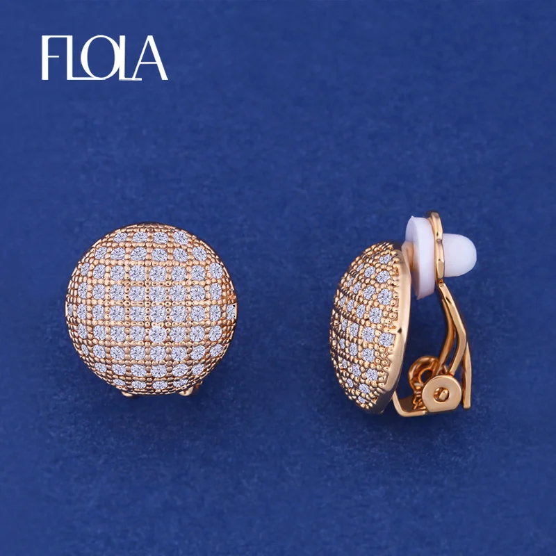 

FLOLA 585 Rose Gold Clip On Earrings No Pierced Ears Zircon Paved Ear Clips Without Hole 585 Gold Jewelry for women ersk50