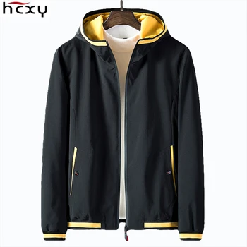 

HCXY 2019 Spring Autumn Men's Cargo Jackets Men Jacket Windbreakers Hooded Coat Male Outwear Zipper Solid color rib Loose 5XL