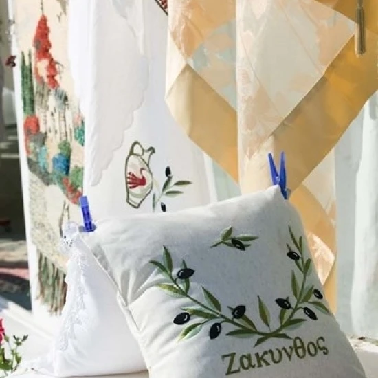 Pilow with Embroidery  Anafonitria  Zakynthos  Ionian Islands  Greece Print by Walter Bibikow (24 x 36)