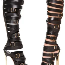 Новые модные пикантные женские высокие сапоги с перекрестной шнуровкой и пряжкой на ремешке женские сапоги-гладиаторы до колена с вырезами на молнии в необычном стиле