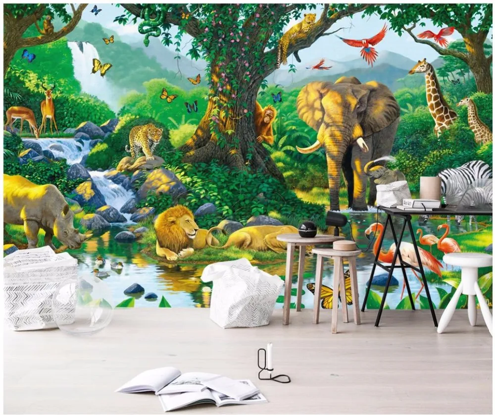 

Custom mural 3d photo wallpaper Animal world elephant lion rhino children's room 3d wall murals wallpaper for walls 3 d