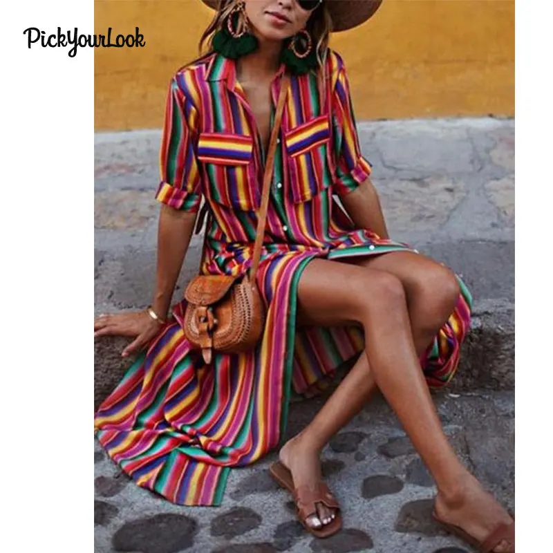Pickyourlook Женское Платье макси с отложным воротником рукавом в полоску на пуговицах