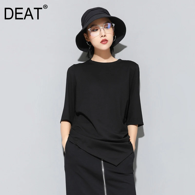 

[DEAT] 2019 New Spring Summer Round Neck Three Quarter Sleeve Black Irregular Split Joint Loose T-shirt Women Fashion Tide JS99