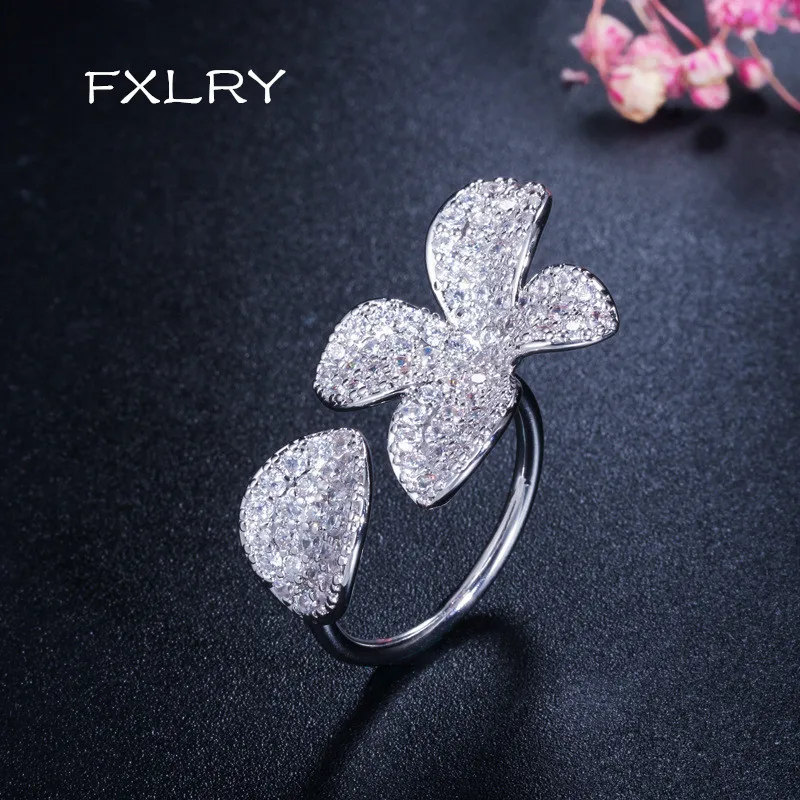 

FXLRY Hot Selling Fashion AAA CZ Flower Leaf Ring Pave Setting Rose Gold Color Open Resizable Engagement Party Finger Jewelry