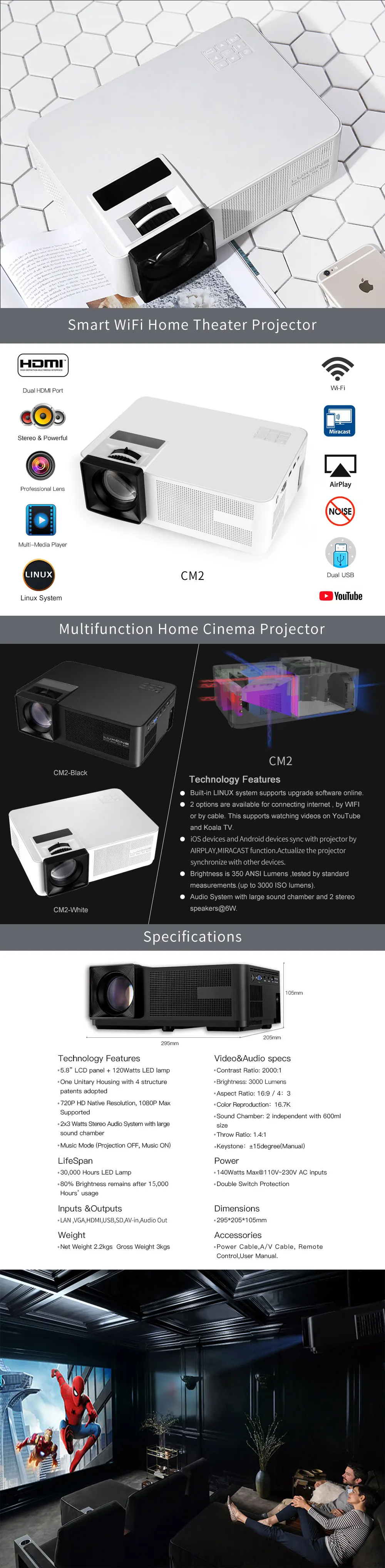 Luccine Новое поступление яркий умный WiFi светодиодный lcd Музыкальный проектор CM2