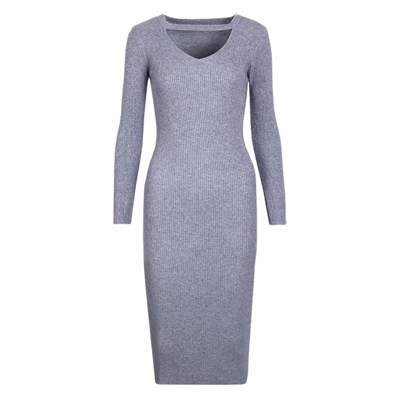 Wixra осень зима Холтер длинный рукав v-образный вырез вязаный свитер платья повседневное женское облегающее платье для женщин - Цвет: Grey
