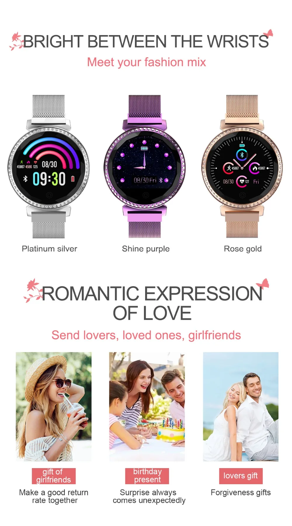 Vorke VK11 Women Smart Watch Fitness Tracker 3D Diamond Blood Pressure Heart Rate Monitoring Wristband Best Gift for Women