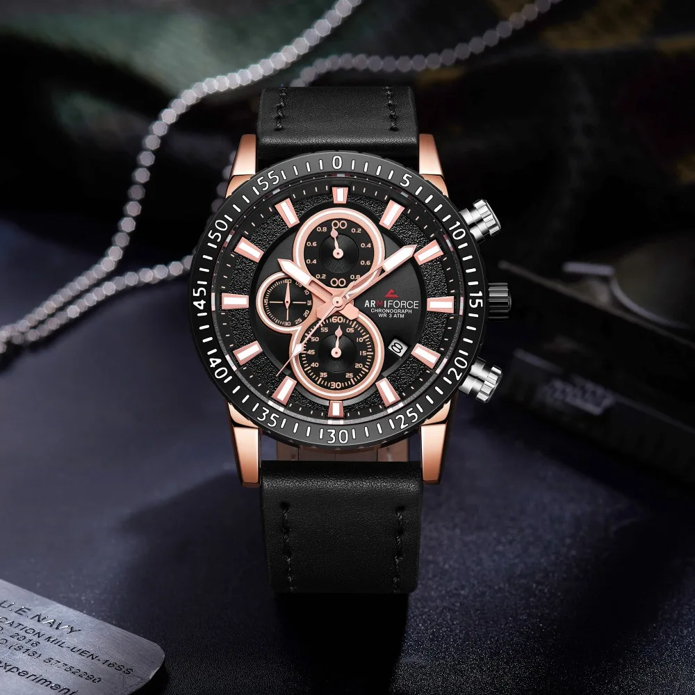 

ARMIFORCE Quartz Men Watches Fashion Genuine Leather Chronograph Watch Clock for Gentle Men Male Students Date Reloj Hombre