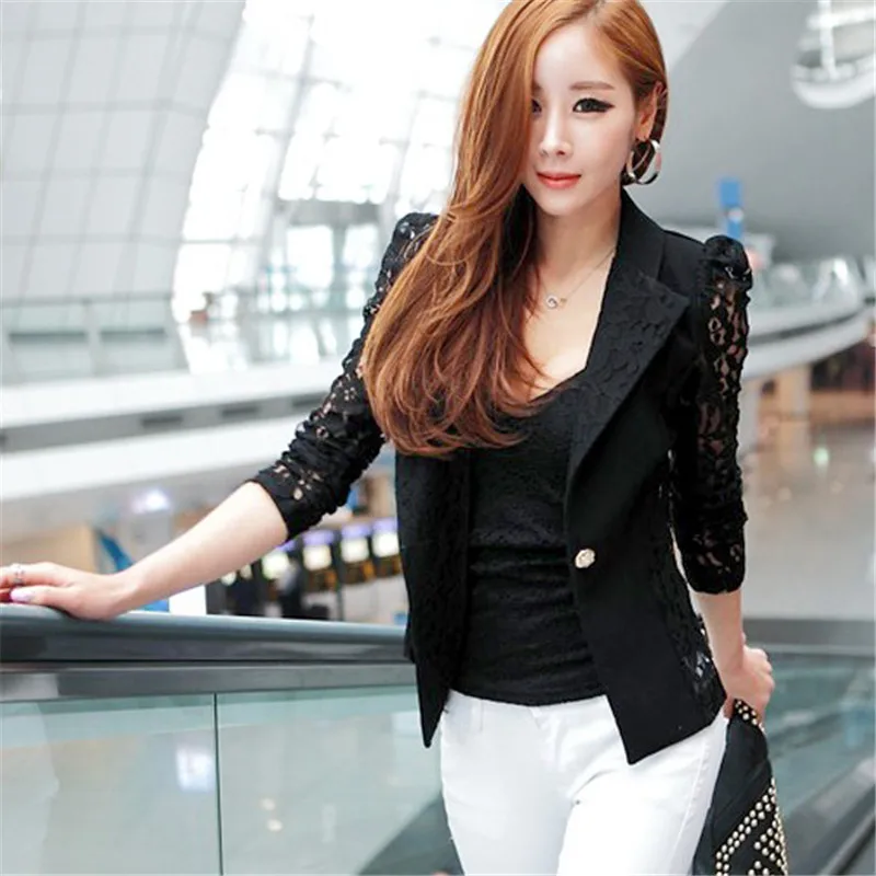 Hot Sale Autum Lace Blazer Suit Women One Button Lady OL Coat Crochet Jacket Outwear Blazer Feminino