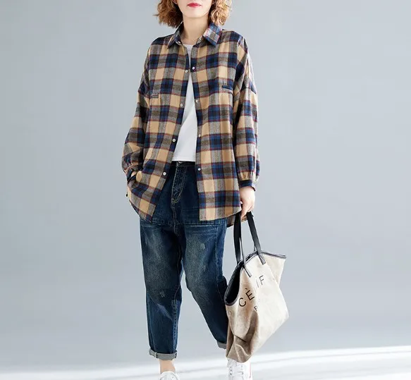 

L Plus-size women's spring tops and blouses versatile loose and slim cardigans with long plaid blouse female blusas