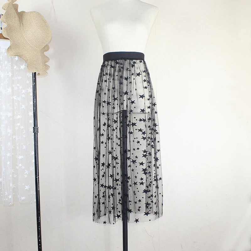 

Star Print Women Sexy Lace Mesh Transparent Skirt Summer Casual Vintage High Waist Elastic Hollow Out One Layer Long Skirt S69