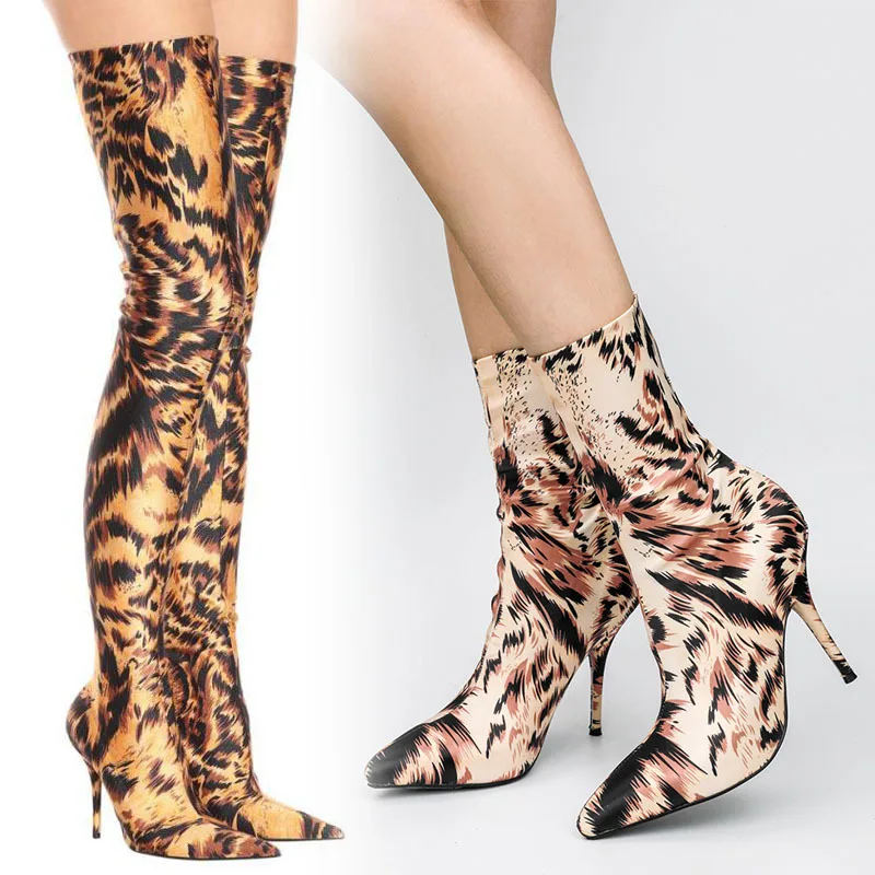 

Women Over The Knee High Boots Hoof Heels 10CM Winter Shoes Pointed Toe Elastic Fabric Women Boots Car Show Model Catwalk Shoes