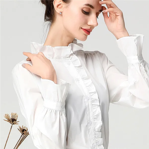 Элегантная женская белая блузка с рюшами, хлопковый топ, стоячий воротник, лепесток, длинный рукав, модная весенняя Летняя женская повседневная рабочая одежда, рубашки - Цвет: White