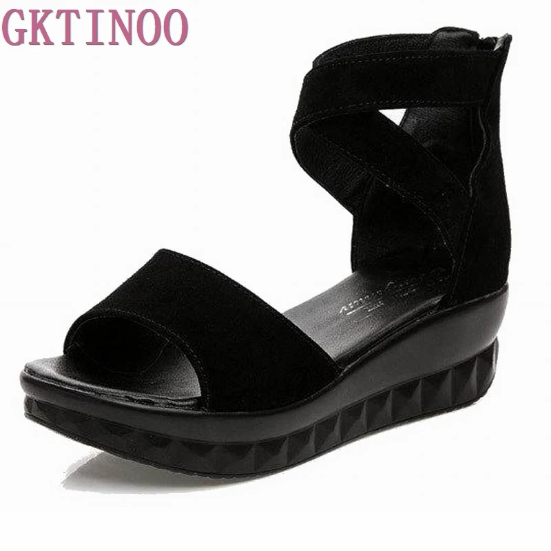

Women Sandals Open Toe Lady's Wedges Sandals Summer Genuine Leather Platform Shoes Plus Size 34-43