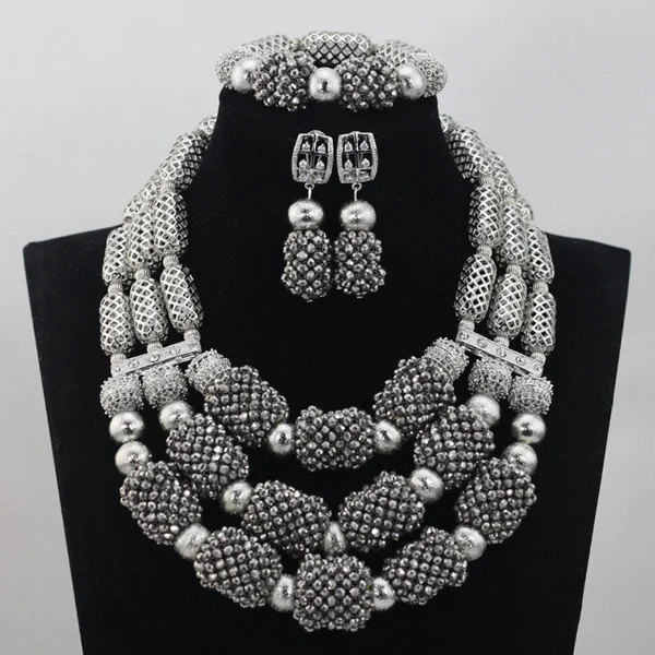Trendy Silver African Beads Jewelry Set Silver Crystal Bride Nigerian