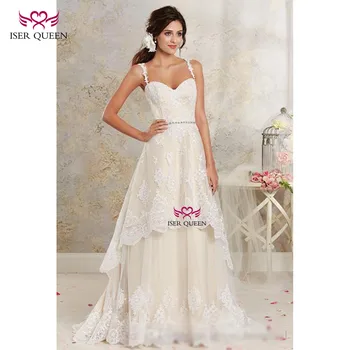 

Spaghetti Straps with Appliques Sweetheart Neckline Natural Detachable Beach Wedding Dresses Ivory Color Backless Vestido W0267
