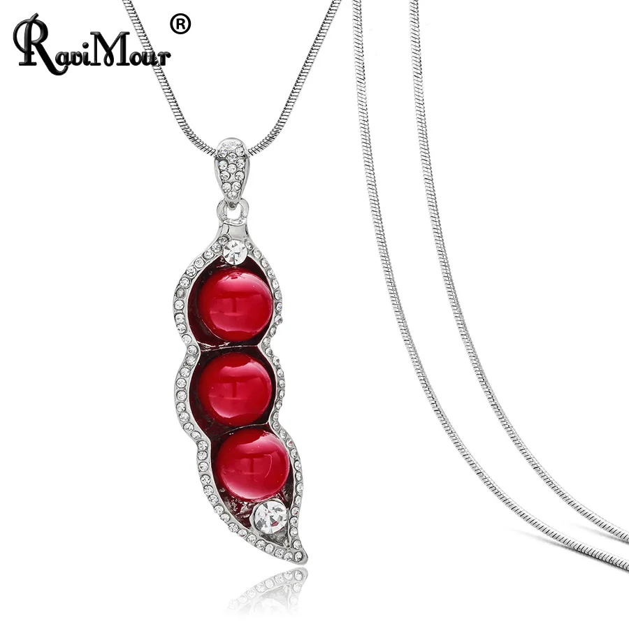 

RAVIMOUR White Red Imitation Pearl Necklace Women Fashion Jewelry 2018 Silver Chain Peanut Pea Pod Pendants Necklaces Long Colar