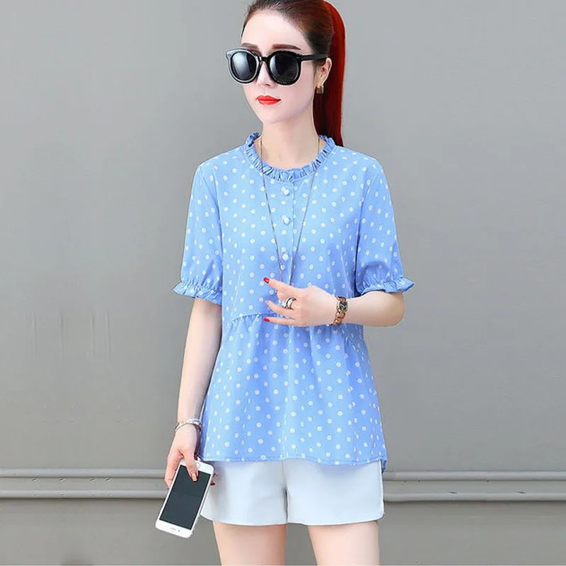 

Women Spring Summer Style Chiffon Blouses Shirts Lady Casual O-Neck Polka Dot Printed Blusas Tops DF2815