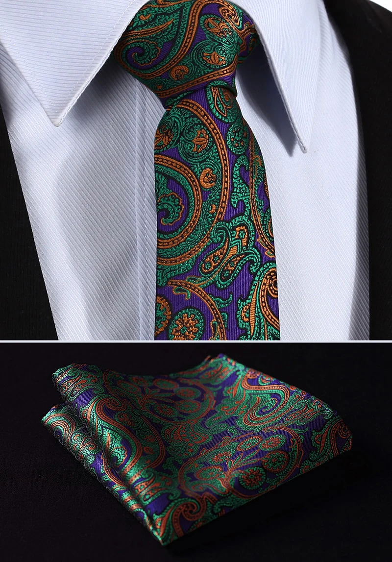 

TP806G7 Green Purple Paisley 2.75" 100%Silk Woven Slim Skinny Narrow Men Tie Necktie Handkerchief Pocket Square Suit Set