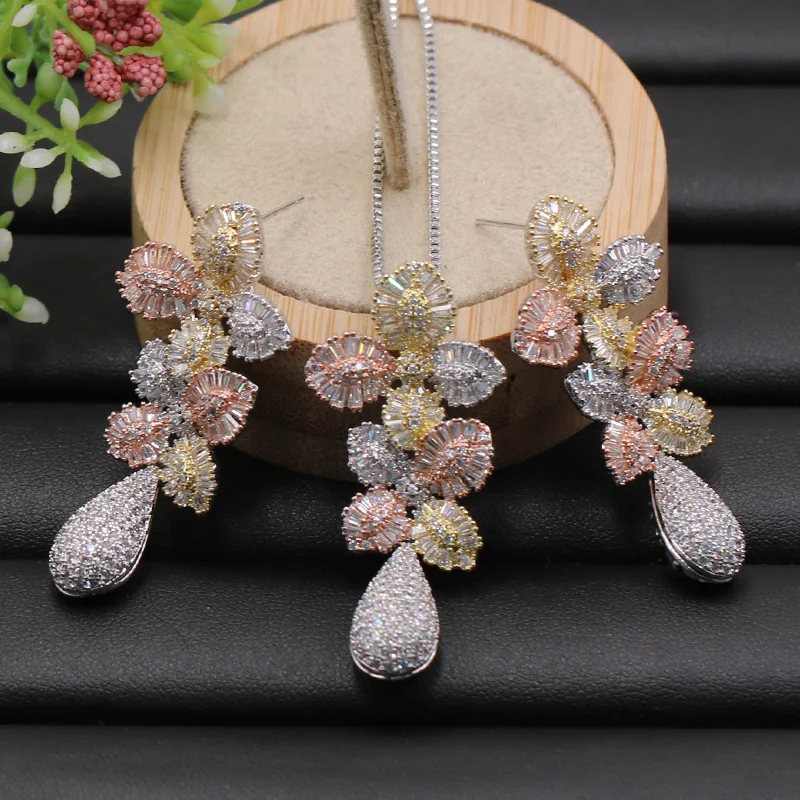 Fateama комплект ювелирных изделий ожерелье с серьгами и кольцом нежный кубический циркон цветок кисточкой полный для девушки помолвки модные подарки