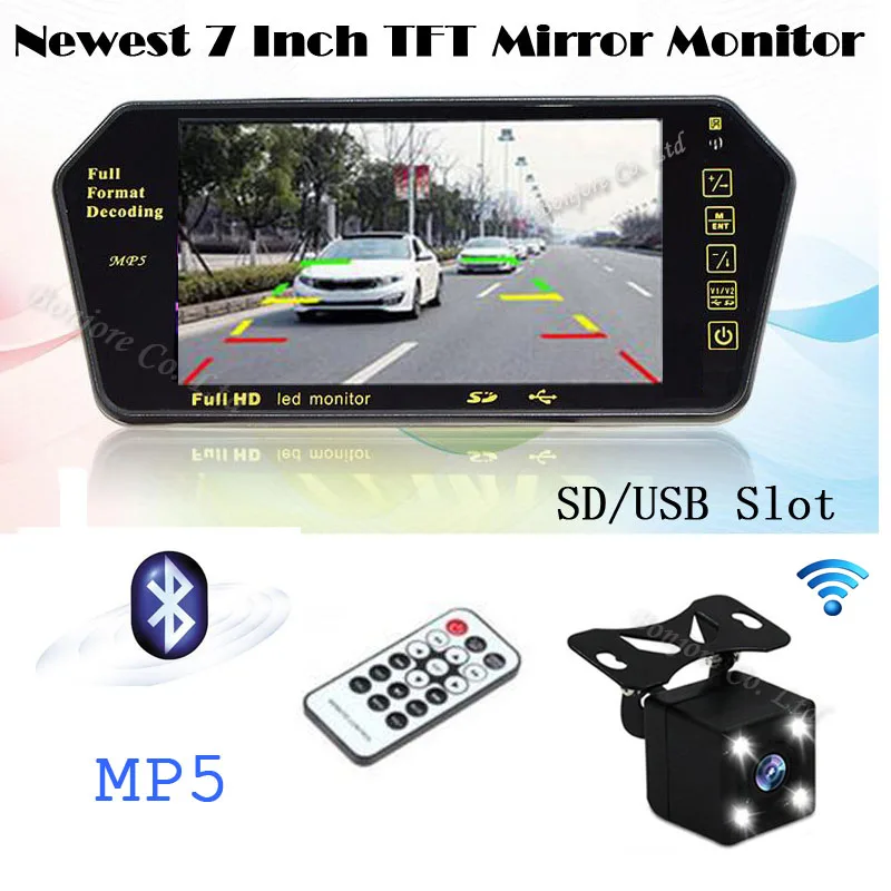

Koorinwoo 2.4G Wireless Car 7 Inch LCD Screen Bluetooth MP5 Mirror monitor USB/SD slot Auto Rearview camera Parking cam backup