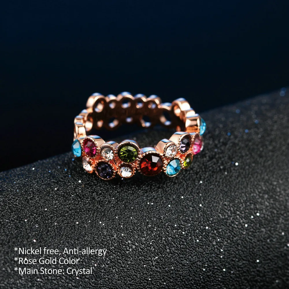 Double Fair Colorful Austrilian Crystal Finger Rings Rose Gold Color Fashion Brand Vintage Wedding Jewelry For Women DFR028