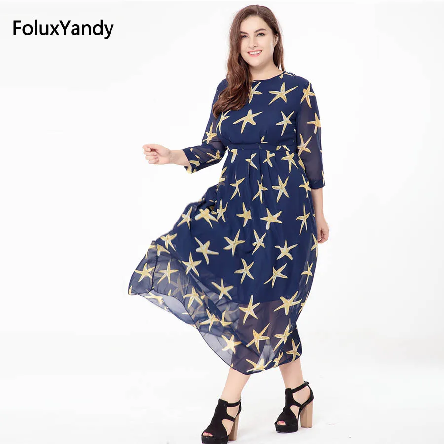 

Stars Print Long Dress Women Plus Size 3 4 5 6 XL New Summer Style Three Quarter Sleeve A-line Chiffon Drss Vestidos SQN13