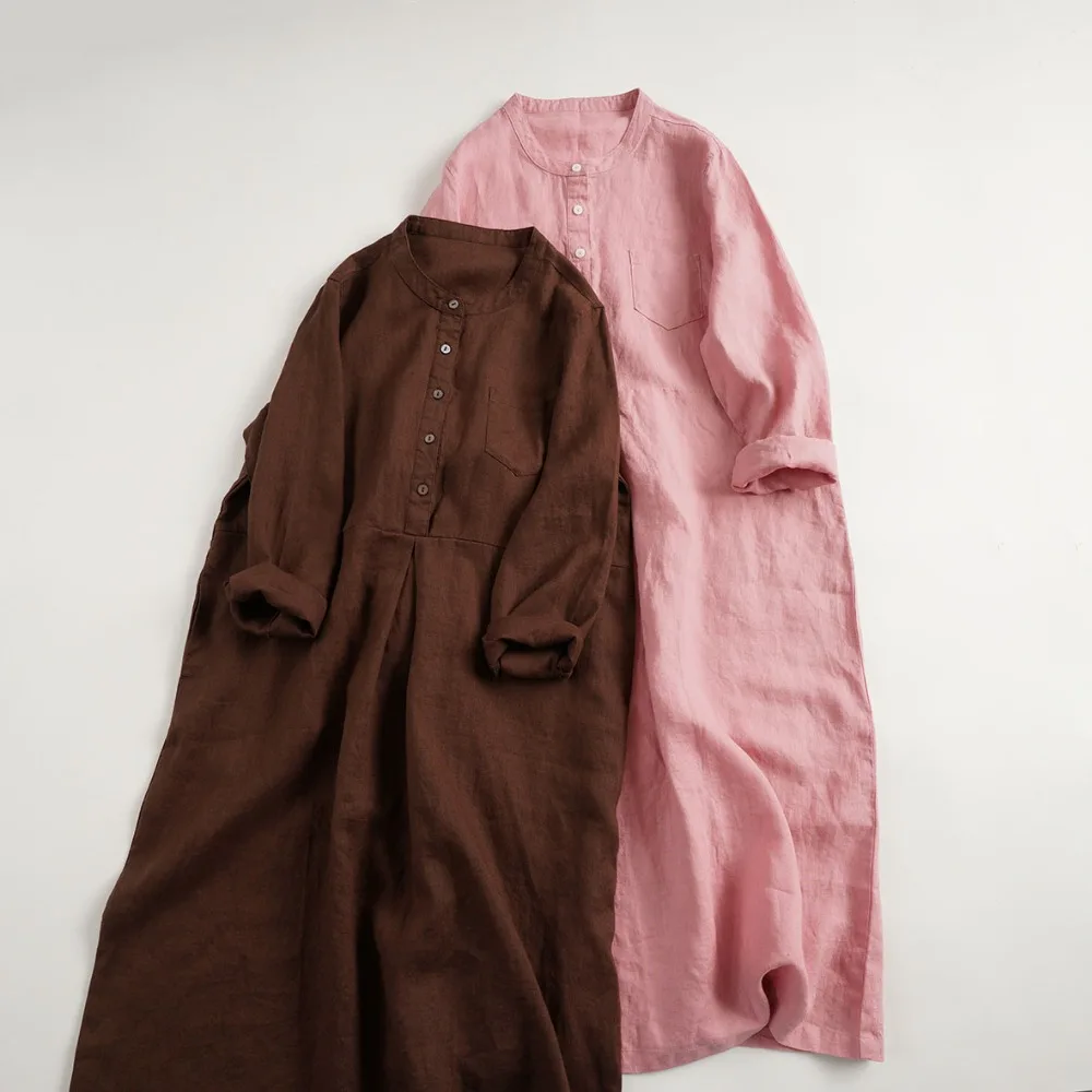 

Spring Autumn Women Loose Solid Casual Stand Collar Linen Dresses