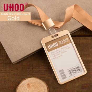

UHOO 6042 Aluminium Alloy Vertical ID Card Holder with Lanyard Gold Silver Card Holder Name Tag Badge Holder Office Supplies