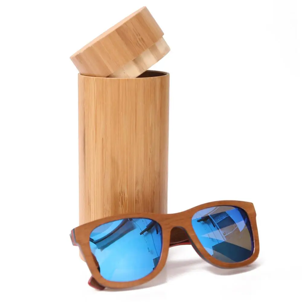 BerWer очки для скейтбординга в деревянной оправе коричневая оправа с покрытием зеркальные бамбуковые солнцезащитные очки UV 400 защитные линзы - Цвет линз: blue lens withcase