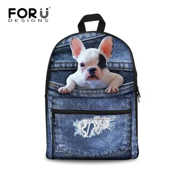 

FORUDESIGNS Fashion Women Canvas Backpack 3D Jeans Denim Husky Bulldog Printing Backpacks Girls School Backbag Mochila Feminina