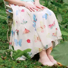 LYNETTE’S CHINOISERIE Summer Original Design Women High Quality Butterfly Print Bamboo Ultralarge Hem Mori Girls Chiffon Skirt