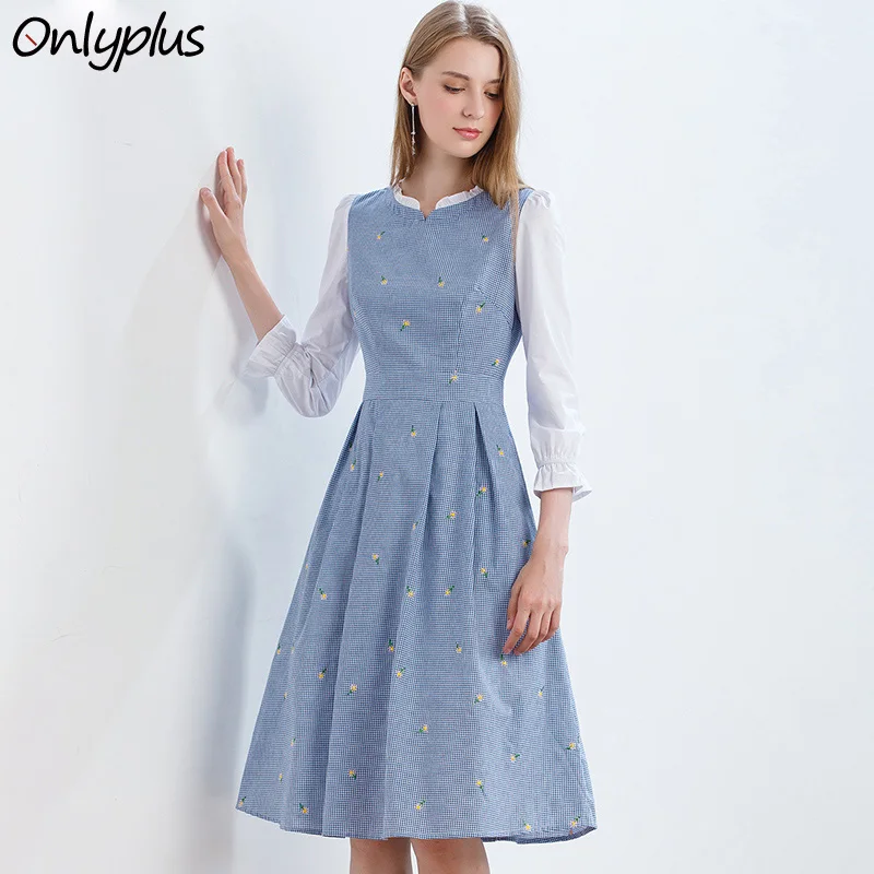 

Onlyplus Autumn Flower Embroidered cotton dress casual Slim Elegant Party Women Dresses Casual Fashion Plaid Vestidos