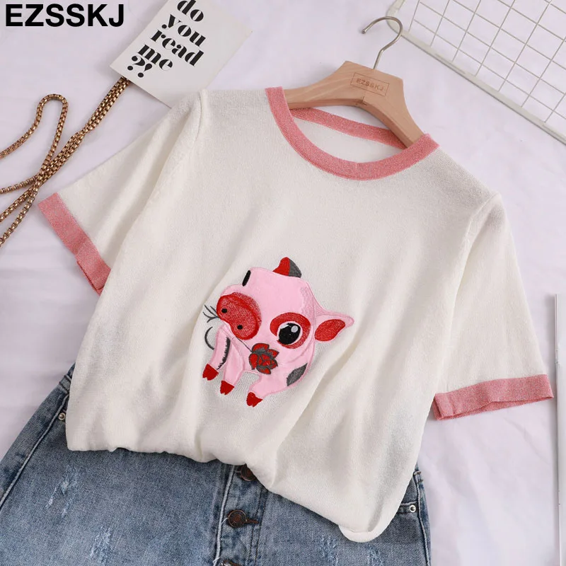 

new spring summer casual knit oversize pig embroidery t-shirt Women bling cute o-neck loose t shirt female basic shiny top