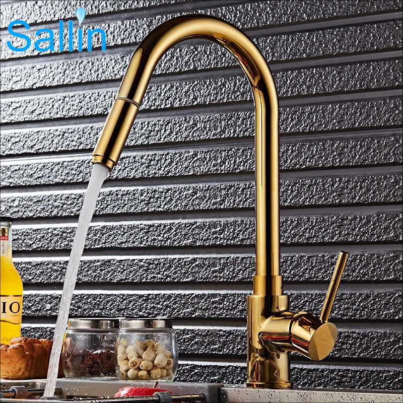  Luxury Gold Single Handle Kitchen Faucet Pull Out Sprayer 360 Rotatable Single Hole Sink Mixer Tap - 32815943151