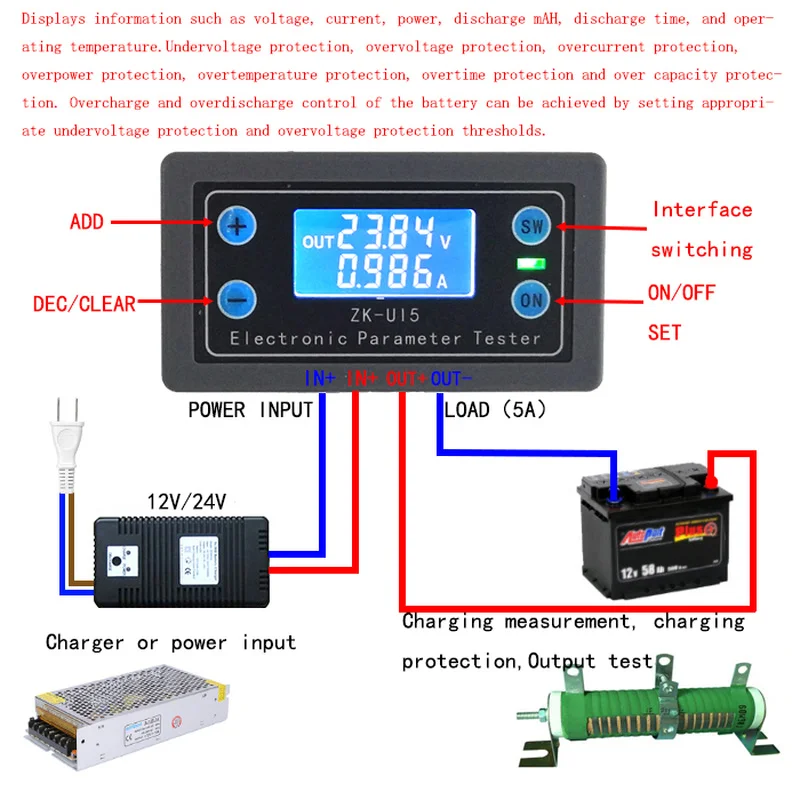 

DC5-38V Battery Tester Voltmeter ammeter electronic load monitor charger tester Power capacity Meter Charge discharge 12v 24v