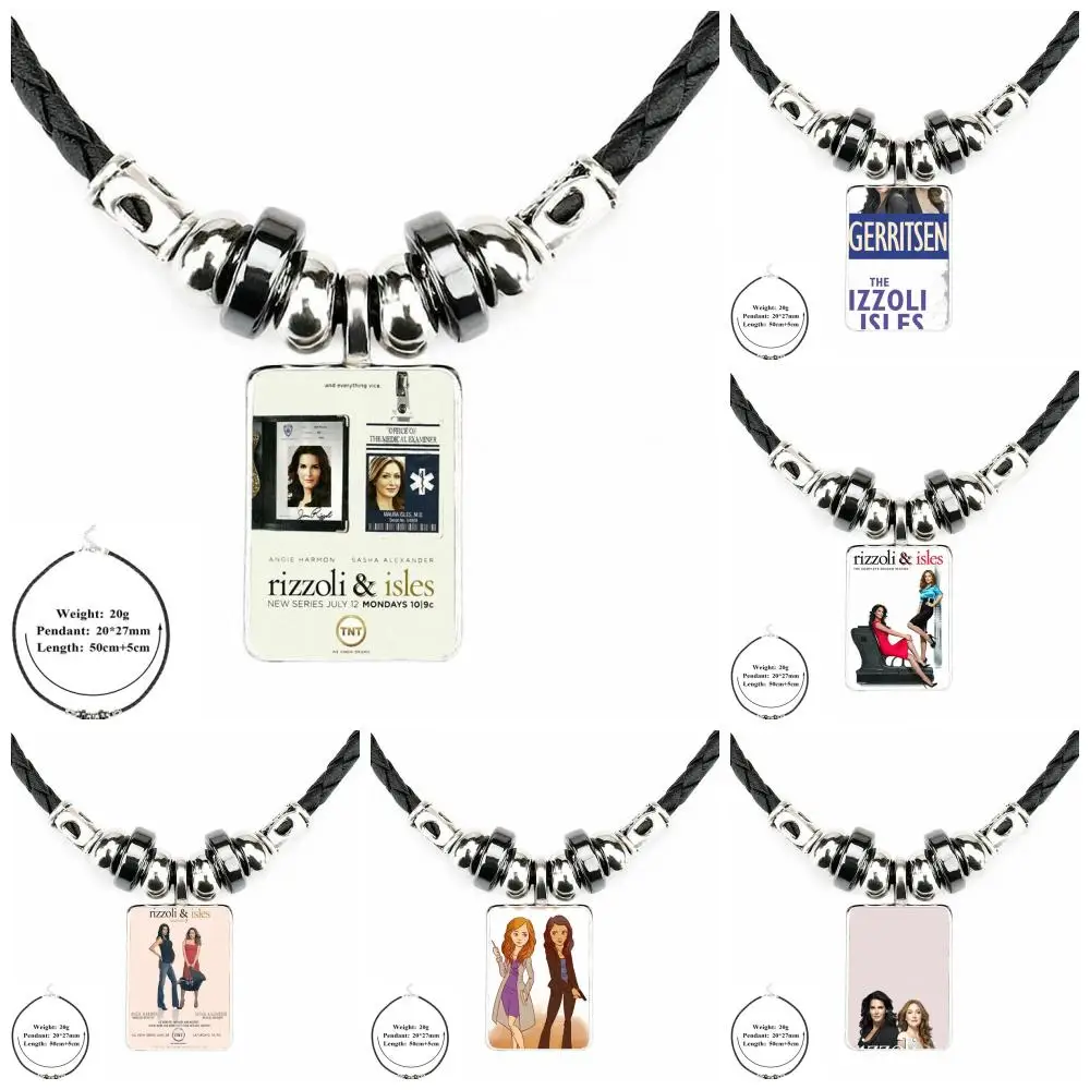 

EJ Glaze For Girls Rizzoli & Isles Season Vintage Black Leather Bead Pendant Jewelry Glass Cabochon Choker Necklace