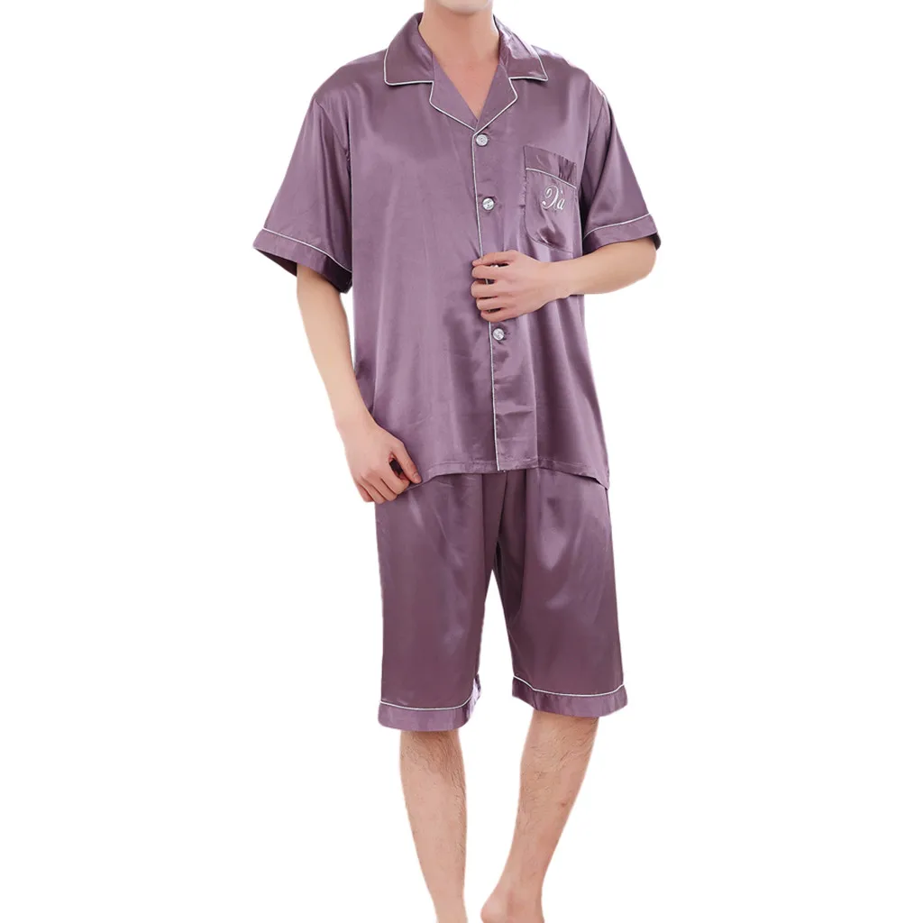 Men's Casual pijama hombre Spring Pure Color sleepwear men Home T-shirt& Shorts Male Pyjamas Set vetement - Цвет: Фиолетовый