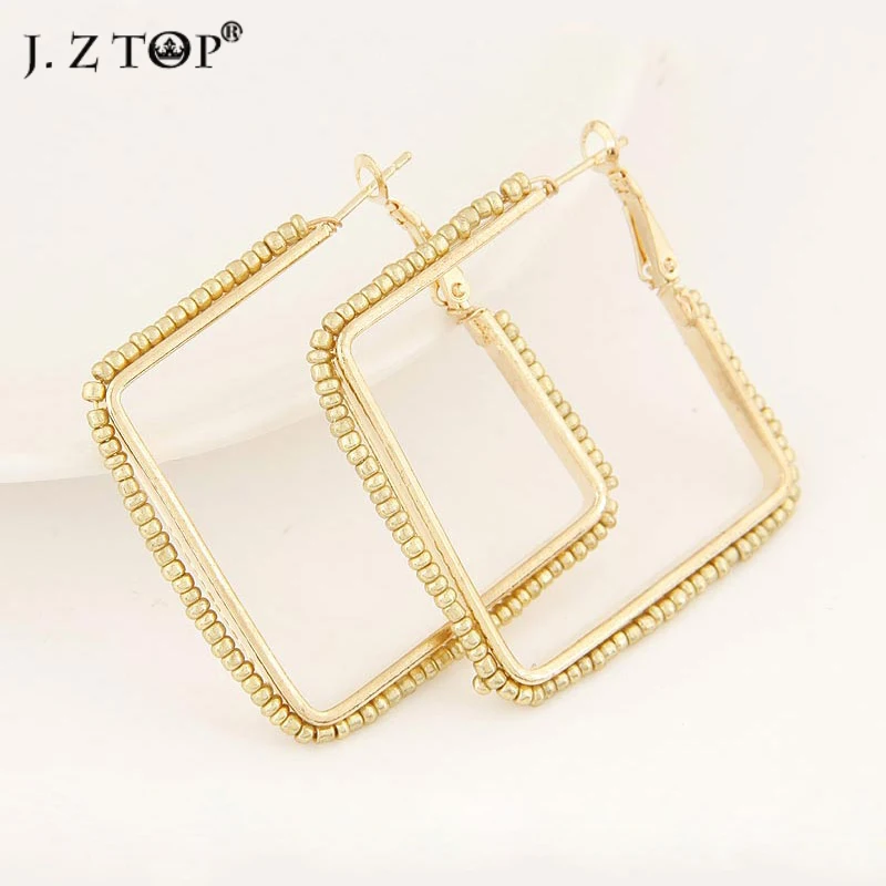 

New Alloy Colored Beads Square Hoops Big Earings Classic Personality Geometric Loop Earrings Bohemia Ethnic brinco argola grande