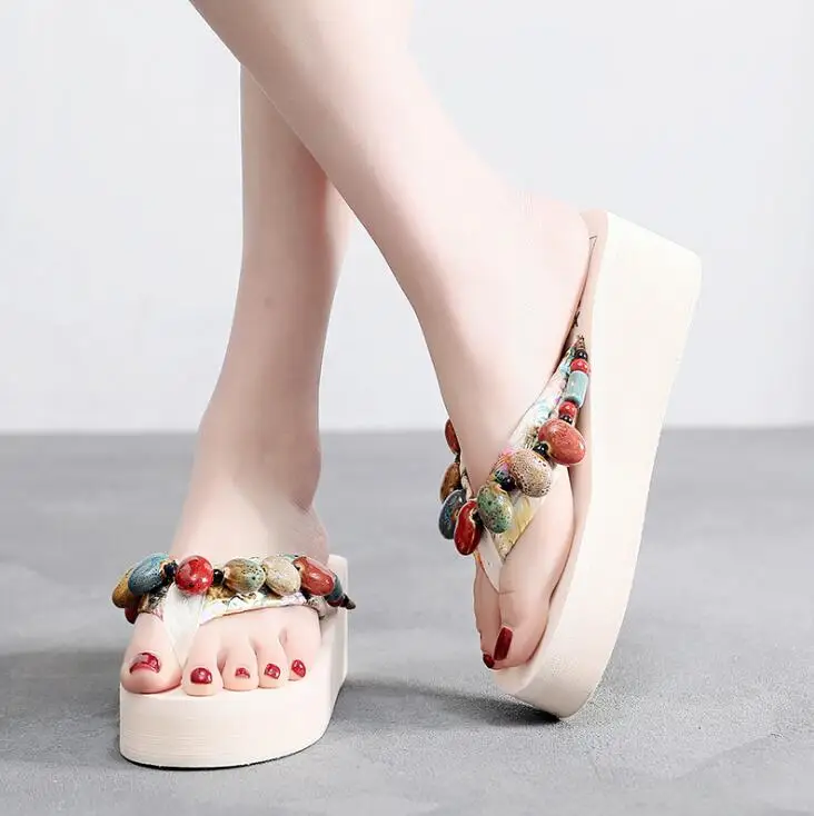 Бисероплетение Босоножки на платформе Для женщин на высоком каблуке Zapatillas летние туфли модные тапочки в полоску пляжные сандалии шлепанцы слайды Для женщин