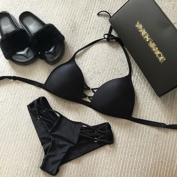 Sexy String Bikini Set Halter Swimsuit Backless Bathing Suit Women Solid Black Bikini Brazilian Biquini Push Up Swimwear stylish solid color beads embellished halter bikini set for women