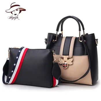 

Famous Brand 2PCS Set Women Composite Messenger Bag Bee Diamonds Panelled Leather Handbag Female Shoulder Bags Top-handle Bolsas