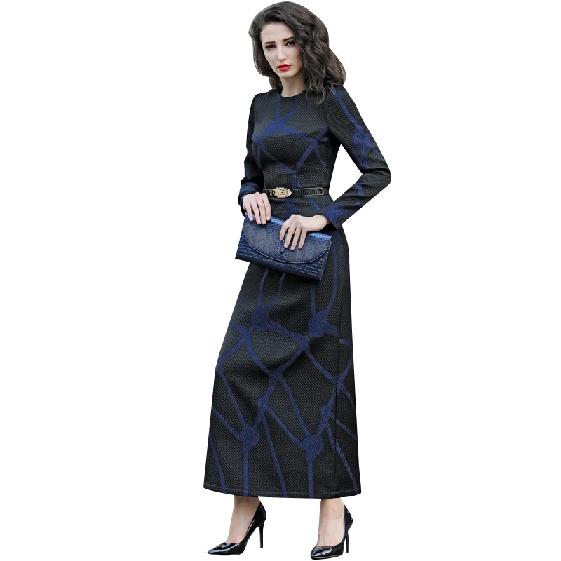 

S-3XL Fall Winter Textured Slim Fit X Long Dress Long Sleeve O neck Office Lady Work Dresses Plus Size Women Clothing 5855