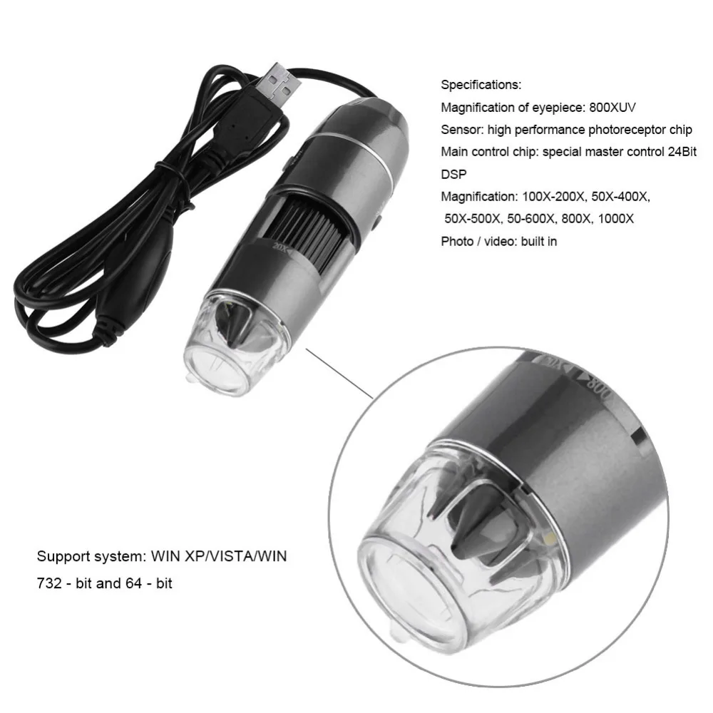 USB цифровой микроскоп Эндоскоп 800X 1000X 8 светодиодный 2 мегапиксельный