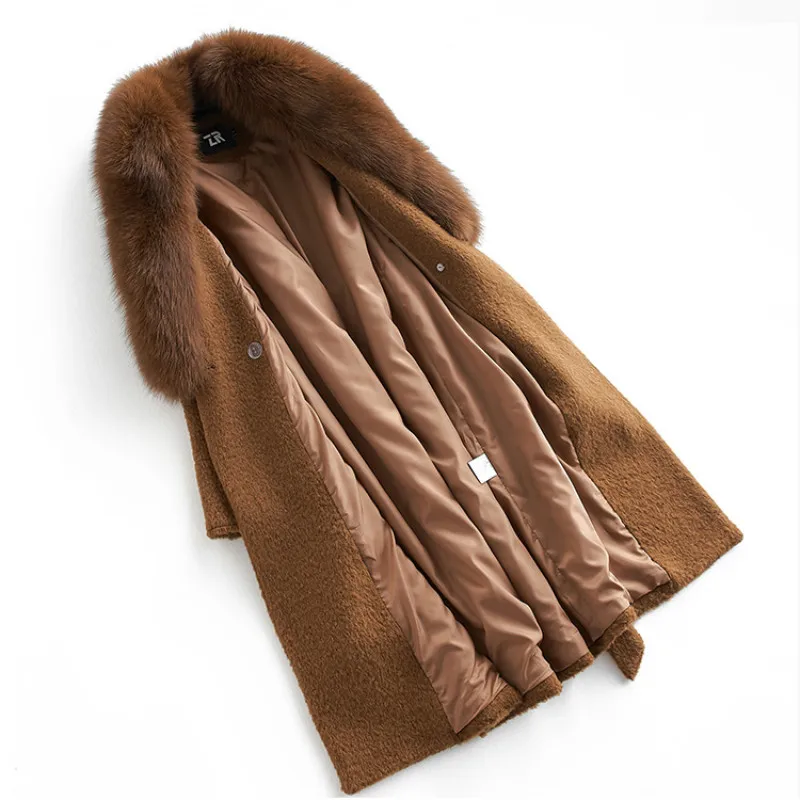 Шерстяное пальто высшего качества, Женское зимнее пальто, одежда из альпаки, повседневное элегантное приталенное длинное шерстяное пальто с меховым воротником Casaco