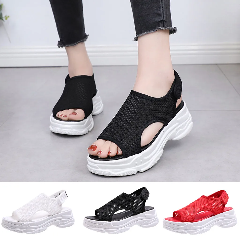 

Women Women Wedges Platform Loafers Shoes Casual Muffin Sole Mid-Heels Open Toe Air mesh Breathable Sandals Chaussures Femme