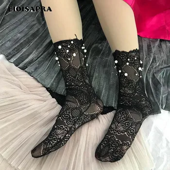 

[WPLOIKJD]Europe Style Creative Sexy Lace Pearl Fishnet Socks Women Transparent Harajuku Fashion Mesh Socks Calcetines Mujer