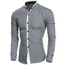 Модные однотонные мужские рубашки с воротником "Мандарин", приталенные повседневные мужские рубашки с длинным рукавом