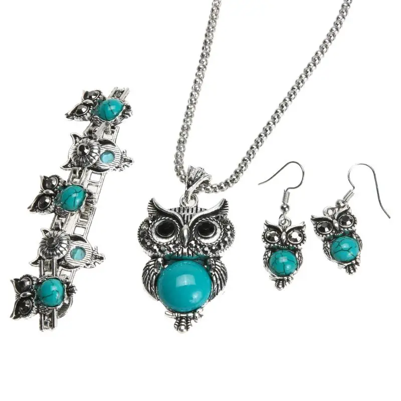 Ювелирный набор с совой, осенний стиль, тибетский Винтажный серебряный синтетический камень, подвеска с совой, ожерелье/серьги/браслет, ювелирный набор, подарок